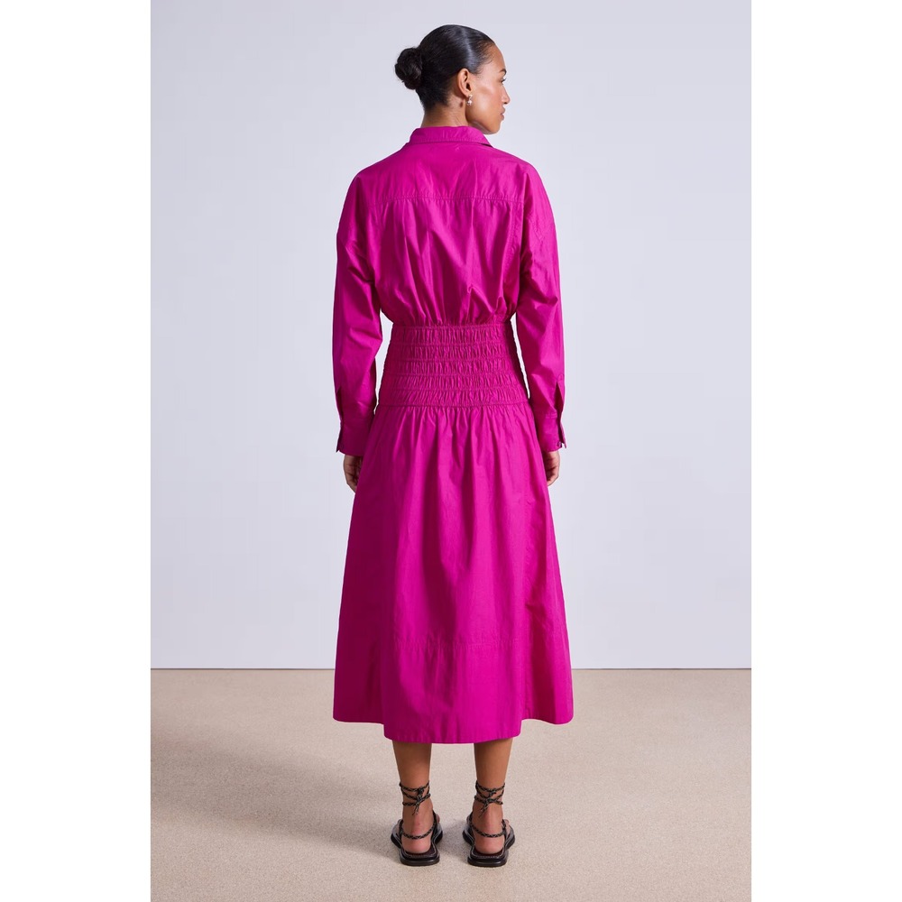 Apiece Apart Smocked Shirt Dress NWT Sz S Fuchsia Midi Cotton Poplin Collared - Picture 5 of 10